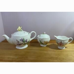 Lenox Butterfly Meadow 3 Pc Tea Set Teapot Creamer Sugar Bowl Floral